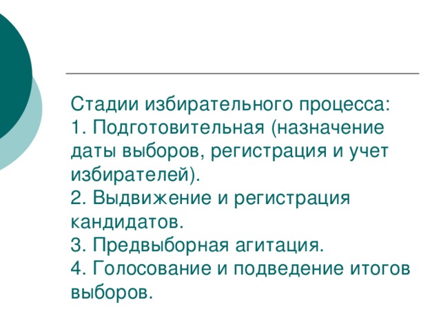 Стадии избирательного процесса:  1. Подготовительная (назначение даты выборов, регистрация и учет избирателей).  2. Выдвижение и регистрация кандидатов.  3. Предвыборная агитация.  4. Голосование и подведение итогов выборов.