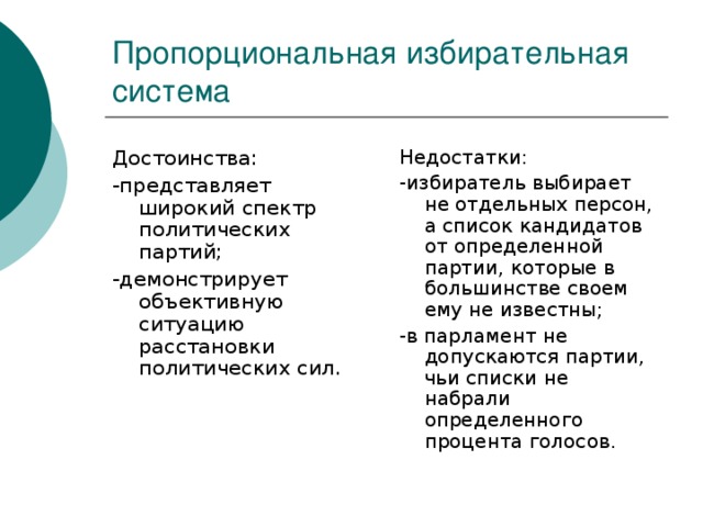 Пропорциональная избирательная система Достоинства: -представляет широкий спектр политических партий; -демонстрирует объективную ситуацию расстановки политических сил. Недостатки: -избиратель выбирает не отдельных персон, а список кандидатов от определенной партии, которые в большинстве своем ему не известны; -в парламент не допускаются партии, чьи списки не набрали определенного процента голосов.