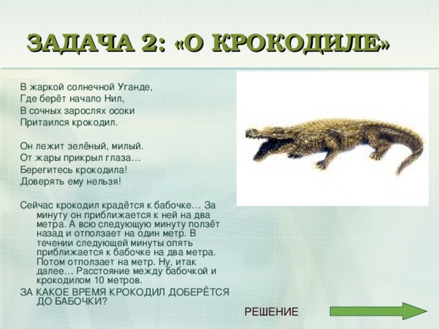 ЗАДАЧА 2: «О КРОКОДИЛЕ» В жаркой солнечной Уганде, Где берёт начало Нил, В сочных зарослях осоки Притаился крокодил. Он лежит зелёный, милый. От жары прикрыл глаза… Берегитесь крокодила! Доверять ему нельзя! Сейчас крокодил крадётся к бабочке… За минуту он приближается к ней на два метра. А всю следующую минуту ползёт назад и отползает на один метр. В течении следующей минуты опять приближается к бабочке на два метра. Потом отползает на метр. Ну, итак далее… Расстояние между бабочкой и крокодилом 10 метров. ЗА КАКОЕ ВРЕМЯ КРОКОДИЛ ДОБЕРЁТСЯ ДО БАБОЧКИ? РЕШЕНИЕ