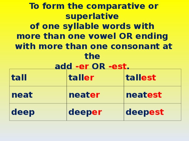 Form the comparative and superlative forms tall. Comparative or Superlative form. Comparative or Superlative. Deep Superlative. Comparative adjectives. One syllable:1vowel 2 syllables.