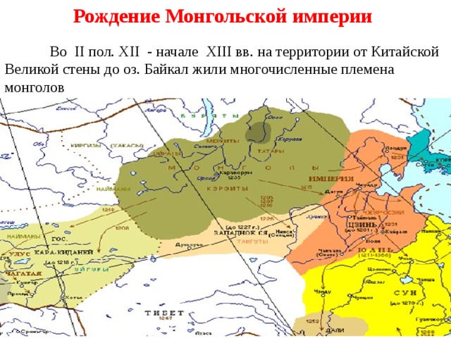 Рождение Монгольской империи  Во II пол. XII - начале XIII вв. на территории от Китайской Великой стены до оз. Байкал жили многочисленные племена монголов  Зарождались феодальные отношения и государственность  Вели кочевое хозяйство Монгольское общество было отсталым