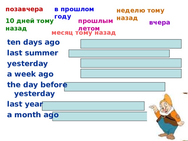 позавчера в прошлом году неделю тому назад 10 дней тому назад прошлым летом вчера месяц тому назад ten days ago last summer yesterday a week ago the day before yesterday last year a month ago