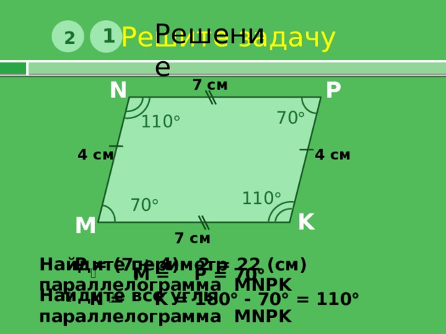 Решите задачу Решение 1 2 7 см P N 70  110  4 см 4 см 110  70  K M 7 см Р = (7 + 4) · 2 = 22 (см) Найдите периметр параллелограмма MNPK  М = Р = 70   Найдите все углы параллелограмма MNPK   N = K = 180  - 70  = 110 