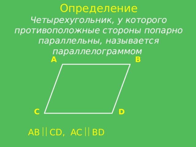 Определение Четырехугольник, у которого противоположные стороны попарно параллельны, называется параллелограммом А B C D AB  CD, AC  BD