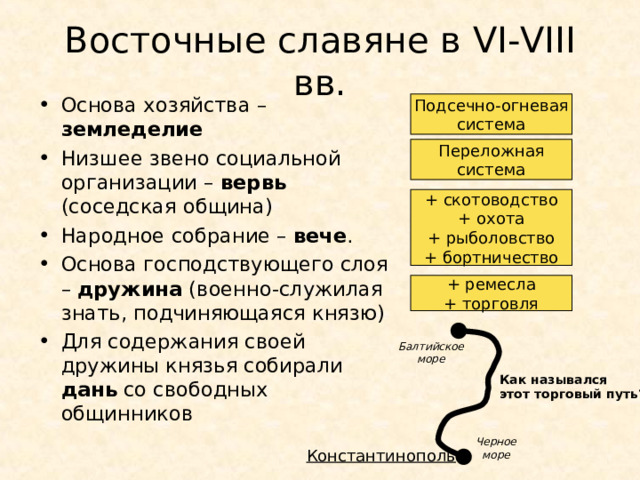 Восточные славяне в VI-VIII вв. Основа хозяйства – земледелие Низшее звено социальной организации – вервь (соседская община) Народное собрание – вече . Основа господствующего слоя – дружина (военно-служилая знать, подчиняющаяся князю) Для содержания своей дружины князья собирали дань со свободных общинников Подсечно-огневая система Переложная система + скотоводство + охота + рыболовство + бортничество + ремесла + торговля Балтийское море Как назывался этот торговый путь? Черное море Константинополь